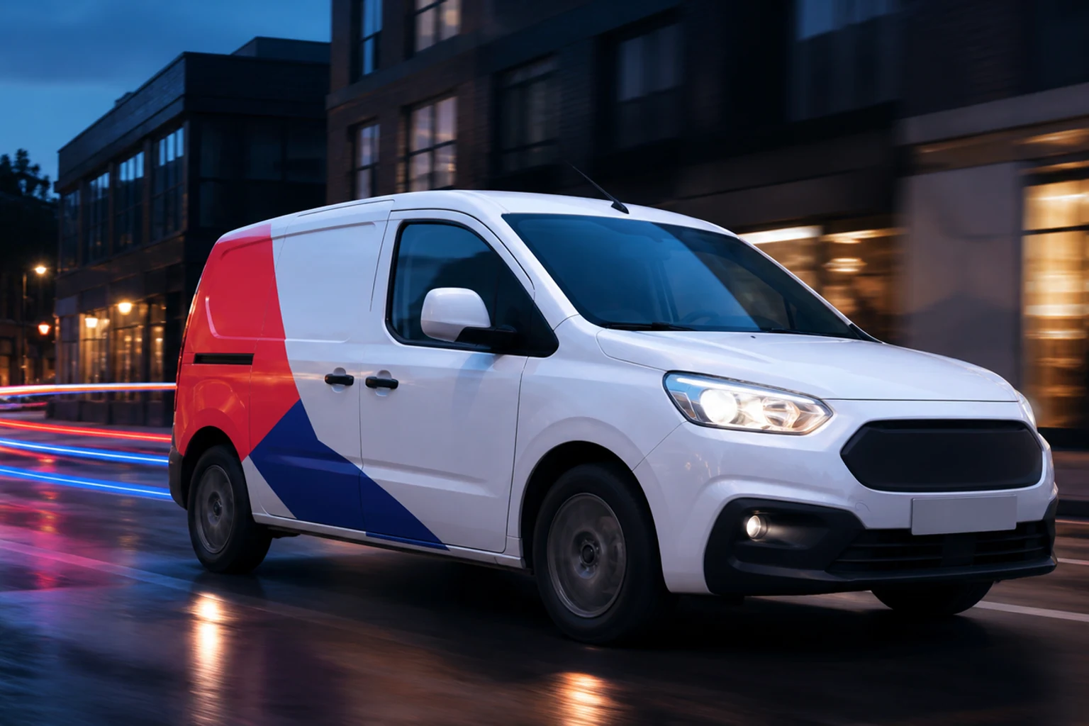 Unbranded service vehicle moving through a local street at blue hour